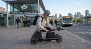 A compact 32 km/h scooter for city riding being folded near an urban transit station in Canada.