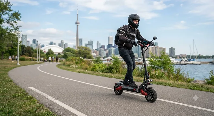 High speed electric scooter for experienced riders cruising on a paved urban bike path in Toronto.