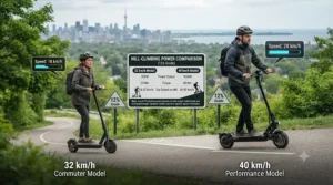 Illustration showing hill-climbing power differences between a 32 km/h and a 40 km/h electric scooter.