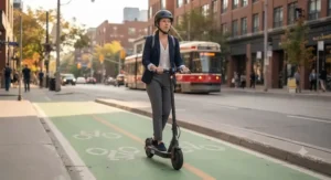 Rider navigating a legal electric scooter for commuting within a designated municipal bike lane.