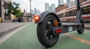 Close-up of safety lights and reflectors on a legal electric scooter for commuting on Canadian roads.