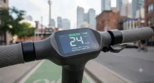 Digital display showing compliant speed limits on a legal electric scooter for commuting.