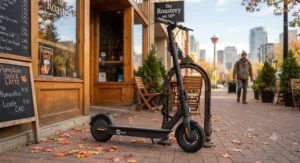 A lightweight 25 km/h electric scooter for beginners parked outside a local café in Calgary during autumn.