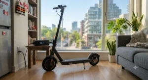 An electric scooter charging its battery pack indoors in a modern Canadian apartment.