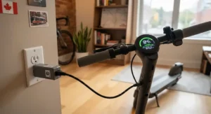 Close-up of the smart battery indicator on a mid-speed electric scooter for commuting plugged into a standard wall outlet in an apartment.