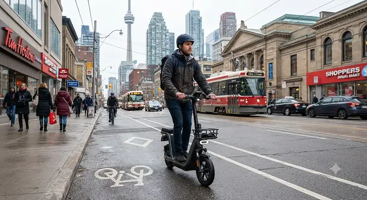 A rider on a mid-speed electric scooter for commuting along a vibrant Toronto downtown street during the morning rush hour.