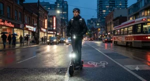 A mid-speed electric scooter for commuting illuminated by bright LED headlights while navigating an evening city street.