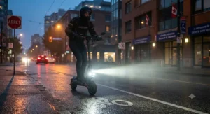 Bright LED headlight illuminating a Canadian street during an evening ride on a high speed electric scooter for experienced riders.