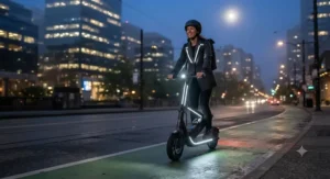 An electric scooter with removable battery equipped with LED safety lights for evening city commutes.