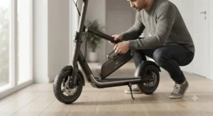 A rider removing the battery pack from an electric scooter for convenient indoor charging.