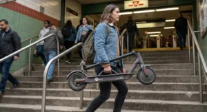 A folding 25 km/h electric scooter for beginners being carried onto the Toronto TTC subway station stairs.