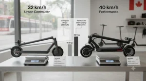 Side-by-side view of folding mechanisms and weights for 32 km/h and 40 km/h electric scooters.