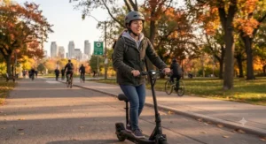 A safe rider wearing a certified helmet while operating a 25 km/h electric scooter under $700 CAD.