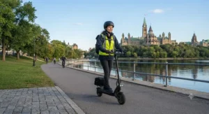 A rider wearing a certified helmet operating a 32 km/h scooter for city riding near Parliament Hill in Ottawa.