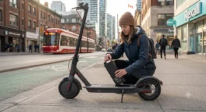 Commuter demonstrating how to remove the battery pack on an electric scooter in a Canadian urban center.