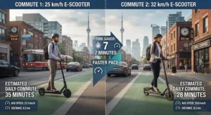 Illustration of estimated daily commute times comparing 25 km/h and 32 km/h electric scooters in a Canadian city.