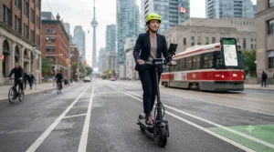 Urban professional commuting downtown on a high-speed electric scooter, analyzing 32 km/h vs 40 km/h options.