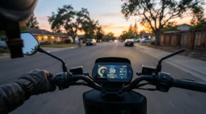 Monitoring battery drain during a long-distance test of 40 km/h electric scooters under $2000 CAD at sunset.