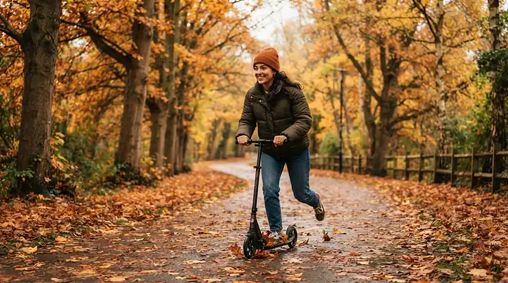 Cruising smoothly on 40 km/h electric scooters under $2000 CAD along a scenic Montreal bike lane in autumn.