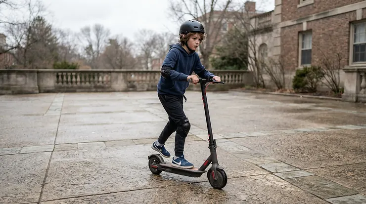 A beginner-friendly electric scooter for teenagers being test-ridden slowly on a smooth community center courtyard.