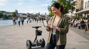 A parent adjusting safety settings on a smartphone app next to an electric scooter for teenagers in a driveway.