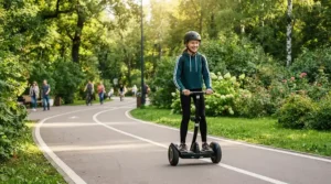 An electric scooter for teenagers being ridden safely along a paved park path in Vancouver.