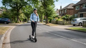An electric scooter for teenagers cruising at a controlled, safer top speed down a quiet suburban residential street.