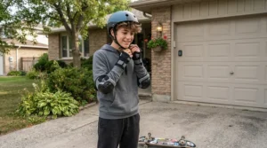 A young rider putting on certified safety gear before mounting an electric scooter for teenagers outside a Toronto home.