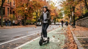 An electric scooter for teenagers navigating a dedicated urban bike lane in downtown Calgary during autumn.