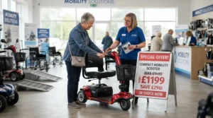 A shopper looking at a speed limited electric scooter with an affordable price tag in a store