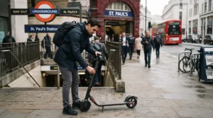 A person folding up a compact speed limited electric scooter before entering a transit station
