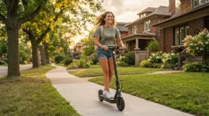 A teenager enjoying a weekend afternoon ride on a speed limited electric scooter through a residential neighborhood