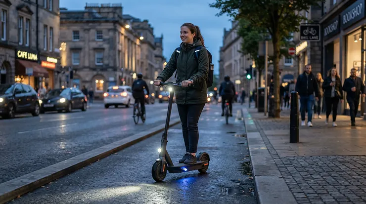 A rider using the integrated LED lights on a speed limited electric scooter during an evening commute
