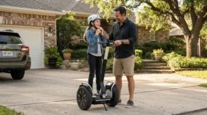A parent helping a teenager adjust the safety settings on a speed limited electric scooter