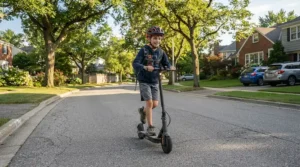 A teenager wearing a helmet riding a speed limited electric scooter in beginner riding mode