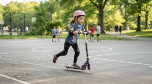 An entry-level rider learning to balance on speed limited electric scooters under $700 CAD in a local community park