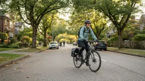 A rider wearing a helmet on speed limited electric scooters under $700 CAD along a quiet suburban Halifax street