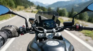 A close-up of a handlebar digital display on speed limited electric scooters under $700 CAD showing a capped speed limit