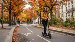 A commuter riding speed limited electric scooters under $700 CAD along a downtown Toronto bike lane during autumn