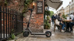 A speed limited electric scooters under $700 CAD model parked outside a Vancouver coffee shop during a weekend test ride