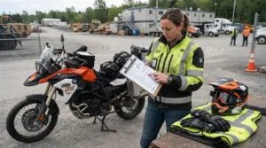An owner reviewing safety gear and paperwork next to a speed limited vs unrestricted electric scooter.