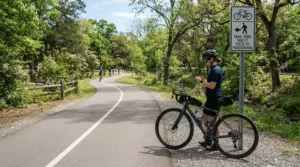 A rider stopping a speed limited vs unrestricted electric scooter near a municipal speed limit sign on a pathway.