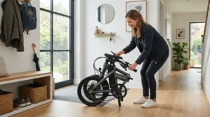 Folding a speed limited vs unrestricted electric scooter for compact storage inside a modern apartment entrance.
