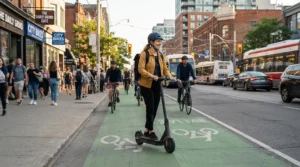 A speed limited vs unrestricted electric scooter commuter navigating a downtown bike lane during morning rush hour.